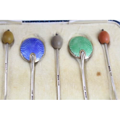 343 - 6 x Vintage 1936 Birmingham Sterling Silver Guilloche Enamel Coffee Spoons (49g)