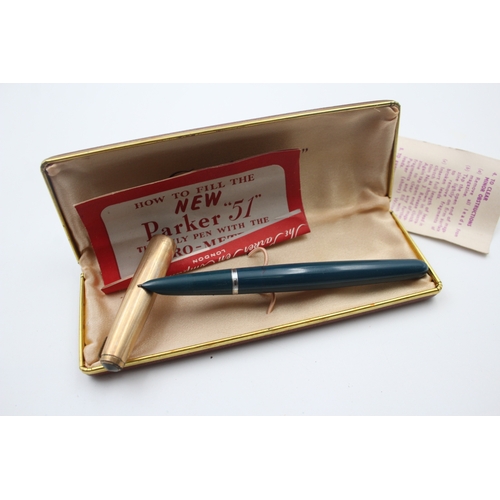 489 - Vintage Parker 51 Teal Fountain Pen w/ 14ct Gold Nib WRITING Original Box