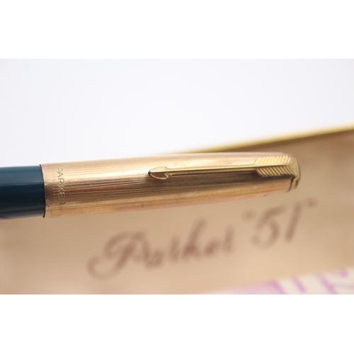 489 - Vintage Parker 51 Teal Fountain Pen w/ 14ct Gold Nib WRITING Original Box