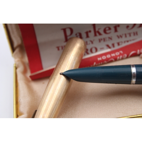 489 - Vintage Parker 51 Teal Fountain Pen w/ 14ct Gold Nib WRITING Original Box