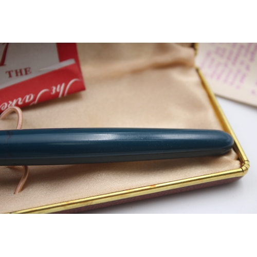 489 - Vintage Parker 51 Teal Fountain Pen w/ 14ct Gold Nib WRITING Original Box