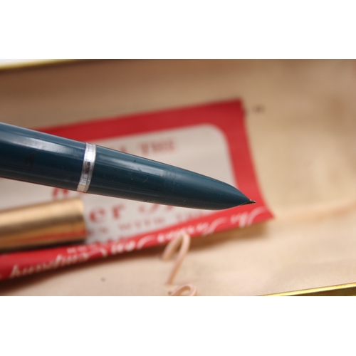 489 - Vintage Parker 51 Teal Fountain Pen w/ 14ct Gold Nib WRITING Original Box