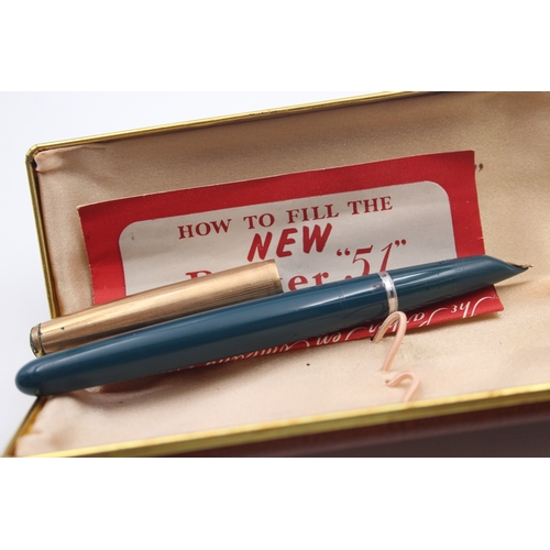 489 - Vintage Parker 51 Teal Fountain Pen w/ 14ct Gold Nib WRITING Original Box