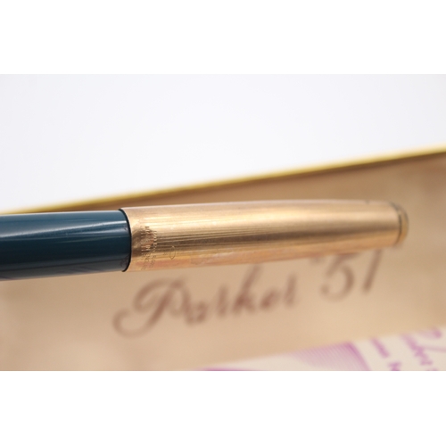 489 - Vintage Parker 51 Teal Fountain Pen w/ 14ct Gold Nib WRITING Original Box