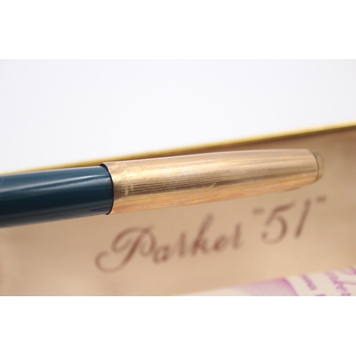 489 - Vintage Parker 51 Teal Fountain Pen w/ 14ct Gold Nib WRITING Original Box