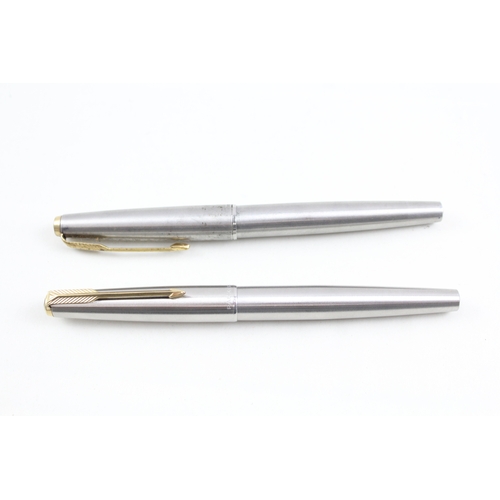 493 - 2 x Vintage Parker 65 Brushed Steel Fountain Pens w/ 14ct Gold Nibs WRITING