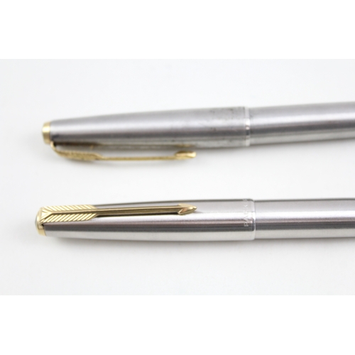 493 - 2 x Vintage Parker 65 Brushed Steel Fountain Pens w/ 14ct Gold Nibs WRITING