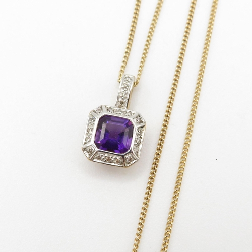 35 - 9ct gold amethyst and diamond halo pendant with 9ct gold chain (3.2g)