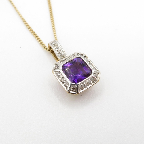 35 - 9ct gold amethyst and diamond halo pendant with 9ct gold chain (3.2g)