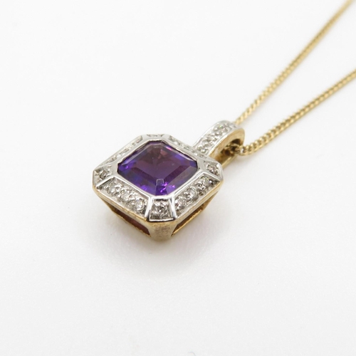 35 - 9ct gold amethyst and diamond halo pendant with 9ct gold chain (3.2g)