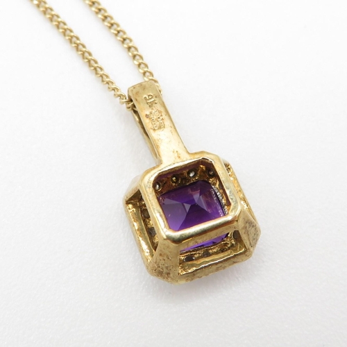 35 - 9ct gold amethyst and diamond halo pendant with 9ct gold chain (3.2g)