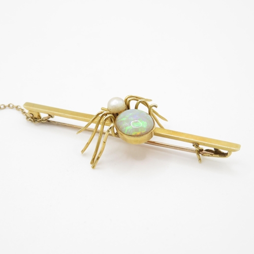 4 - 15ct gold antique opal & pearl spider brooch (6.9g)