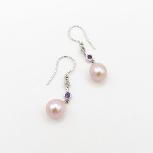 123 - 9ct white gold cultured pearl drop earrings with diamond & amethyst highlight (3.2g)