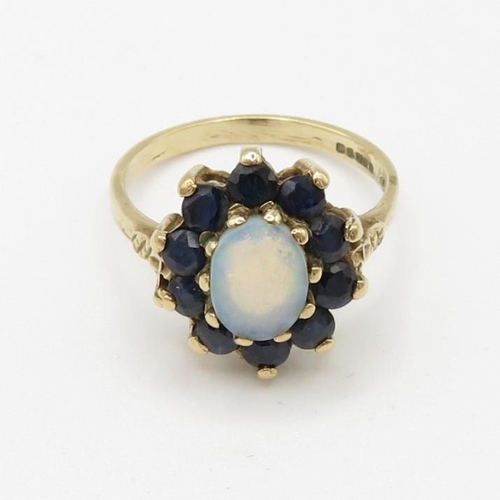 165 - 9ct gold opal and sapphire set cluster ring (2.9g) Size  M