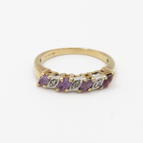 177 - 9ct gold diamond & amethyst seven stone ring (2.2g) Size  M