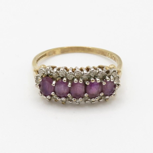 188 - 9ct gold amethyst five stone ring with diamond frame (2.4g) Size  P