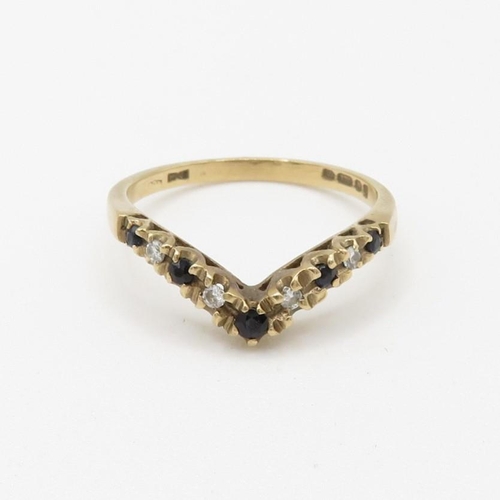 213 - 9ct gold diamond & sapphire chevron ring (1.6g) Size  M