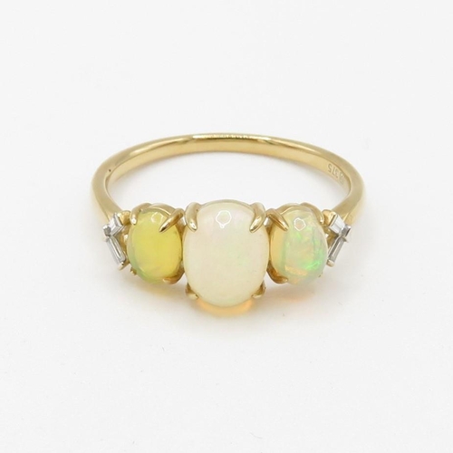 9ct gold opal three stone ring with diamond set shoulders (2.1g) Size  Q