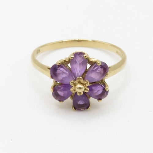 29 - 9ct gold pear cut amethyst set floral cluster ring (1.6g) Size  O