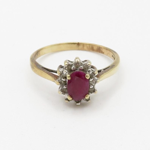 68 - 9ct gold diamond and ruby set cluster ring (2g) Size  N