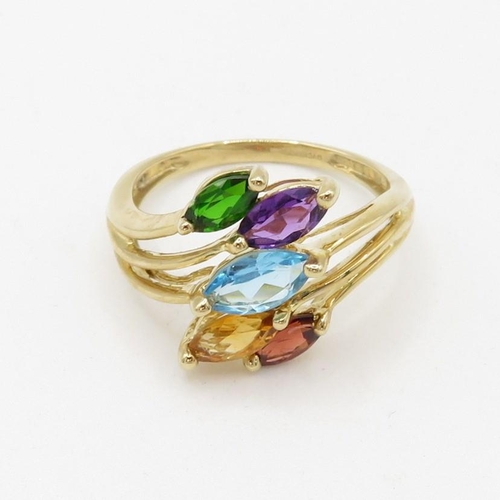 3 - 9ct gold garnet, citrine, blue topaz, amethyst and chrome diopside set spray ring (2.5g) Size  Q