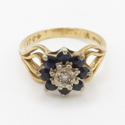 64 - 9ct gold diamond & sapphire floral cluster ring with split shank (2.8g) Size  M