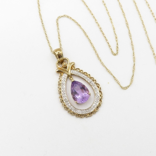 172 - 9ct gold diamond and pear cut amethyst set pendant necklace (3g)