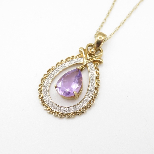 172 - 9ct gold diamond and pear cut amethyst set pendant necklace (3g)