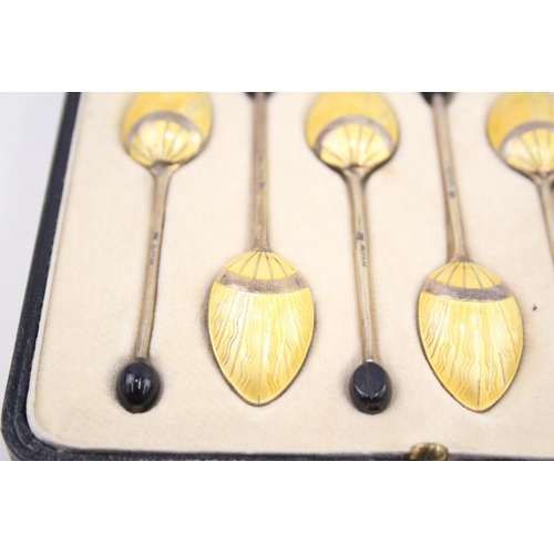 381 - 6 x Vintage 1929 Birmingham Sterling Silver Guilloche Enamel Spoons (46g)