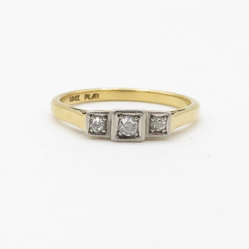 91 - 18ct gold & platinum diamond three stone ring (2.3g) Size  N