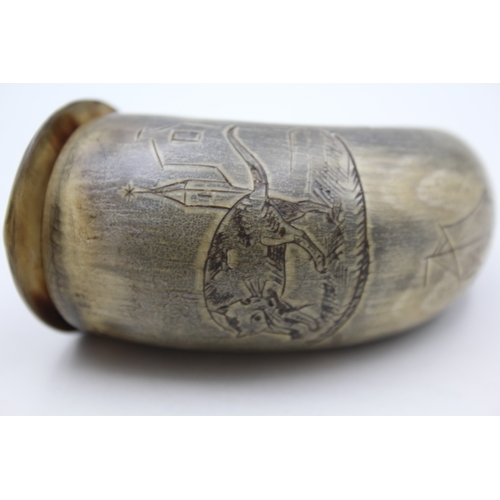 365 - Antique Scottish Curly Horn Snuff Mull w/ Scrimshaw Decoration Named Robert Bell