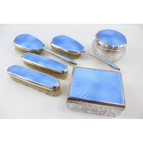 388 - 6 x Vintage .925 Sterling Silver Blue Guilloche Enamel Vanity Set (792g)