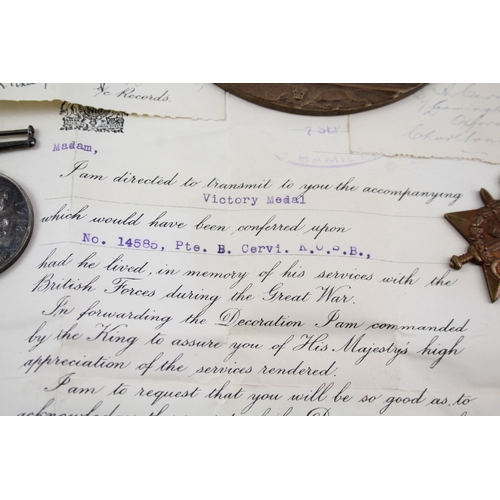 398 - WW1 Death Plaque w/ Medals & Paperwork Named 14585 Pte Benjamin Cervi KOSB