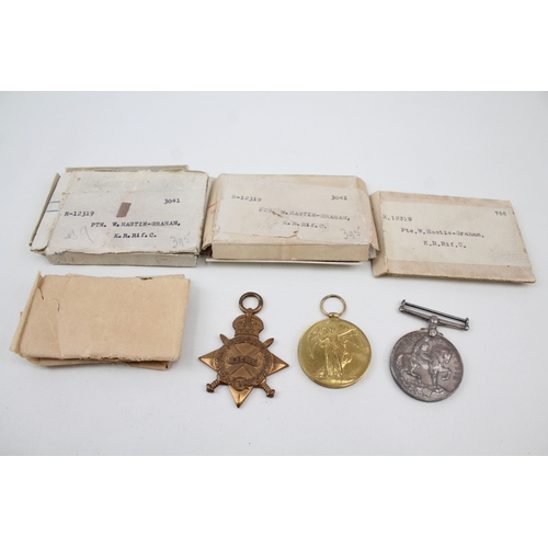 403 - Boxed WW1 1914-15 Star Medal Trio R-12319 Pte W. Hastie Graham KRRC x 3