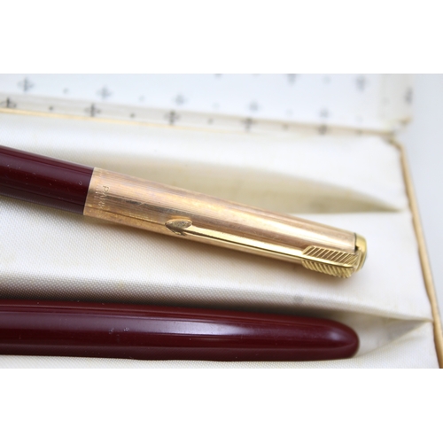 490 - Vintage Parker 51 Burgundy Fountain Pen w/ 14ct Gold Nib, Rolled Gold Cap Etc