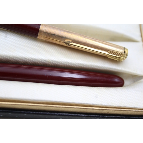 490 - Vintage Parker 51 Burgundy Fountain Pen w/ 14ct Gold Nib, Rolled Gold Cap Etc