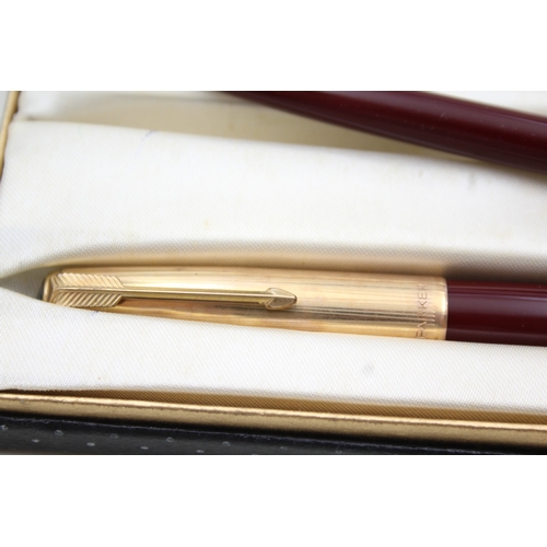 490 - Vintage Parker 51 Burgundy Fountain Pen w/ 14ct Gold Nib, Rolled Gold Cap Etc