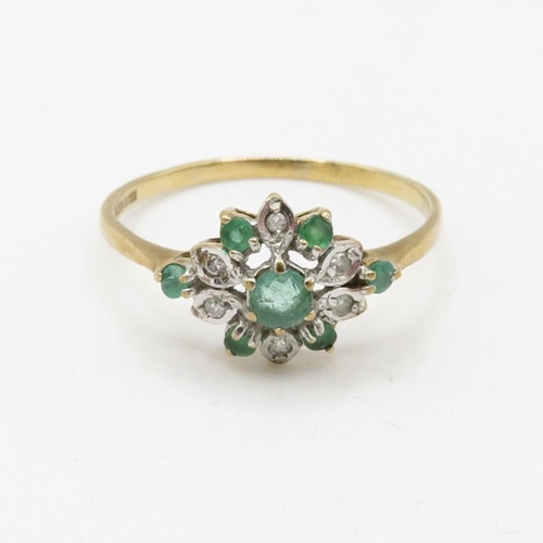 119 - 9ct gold diamond and emerald cluster ring (1.4g) Size  P 1/2