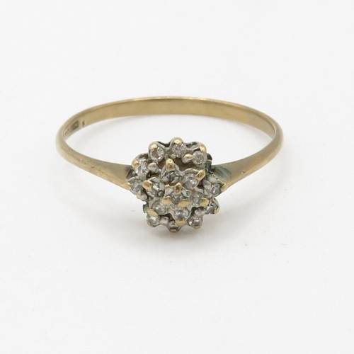 129 - 9ct gold diamond cluster ring (1.3g) Size  P