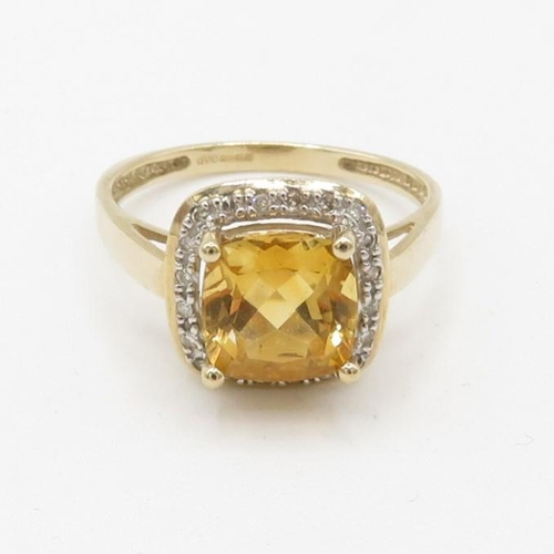 138 - 9ct gold diamond and citrine set square cluster cocktail ring (2.8g) Size  O 1/2