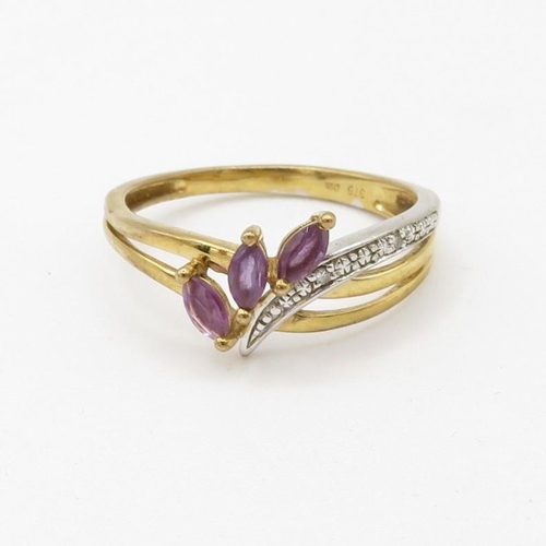 175 - 9ct gold diamond accented marquise cut amethyst set spray ring (1.6g) Size  M