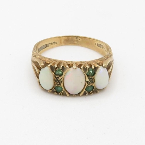 189 - 9ct gold vintage opal and emerald set dress ring (3.6g) Size  O