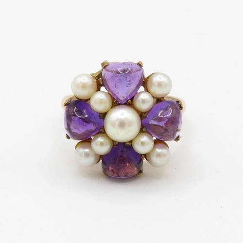 3 - 9ct gold amethyst & cultured pearl cluster cocktail ring (5.6g) Size  O