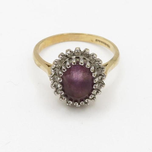 80 - 9ct gold diamond and oval cut amethyst cluster ring (3.2g) Size  N 1/2