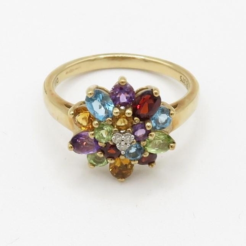 88 - 9ct gold diamond, citrine, amethyst, peridot, garnet, and topaz set cluster ring (3.2g) Size  P