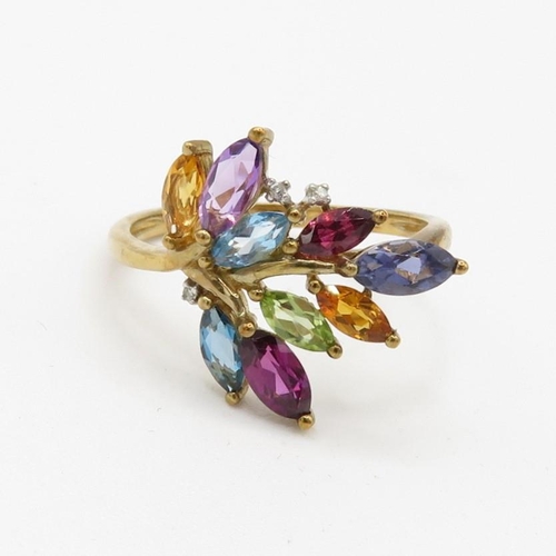 93 - 9ct gold citrine, amethyst, topaz, garnet, peridot, iolite, and diamond set spray ring (2.7g) Size  ... 