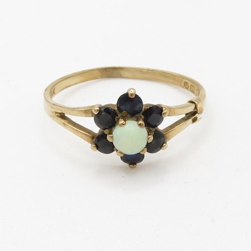 98 - 9ct gold sapphire and opal set cluster ring (1.2g) AS SEEN - MISSHAPEN Size  N