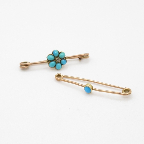 113 - 2 x 9ct gold turquoise and diamond bar brooches (2.5g)