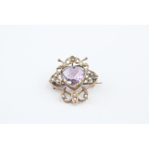 42 - 9ct gold antique amethyst & seed pearl brooch (3.6g)