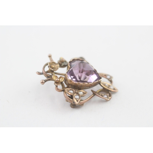 42 - 9ct gold antique amethyst & seed pearl brooch (3.6g)